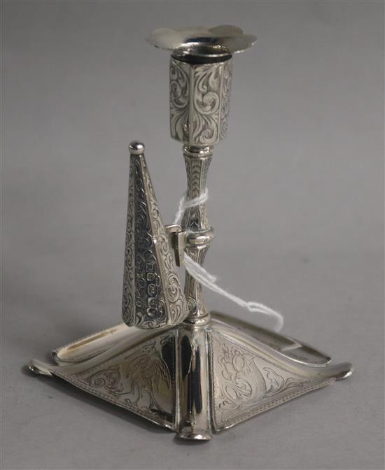 A Victorian engraved silver taperstick, Joseph Wilmore, Birmingham, 1843, 9cm.